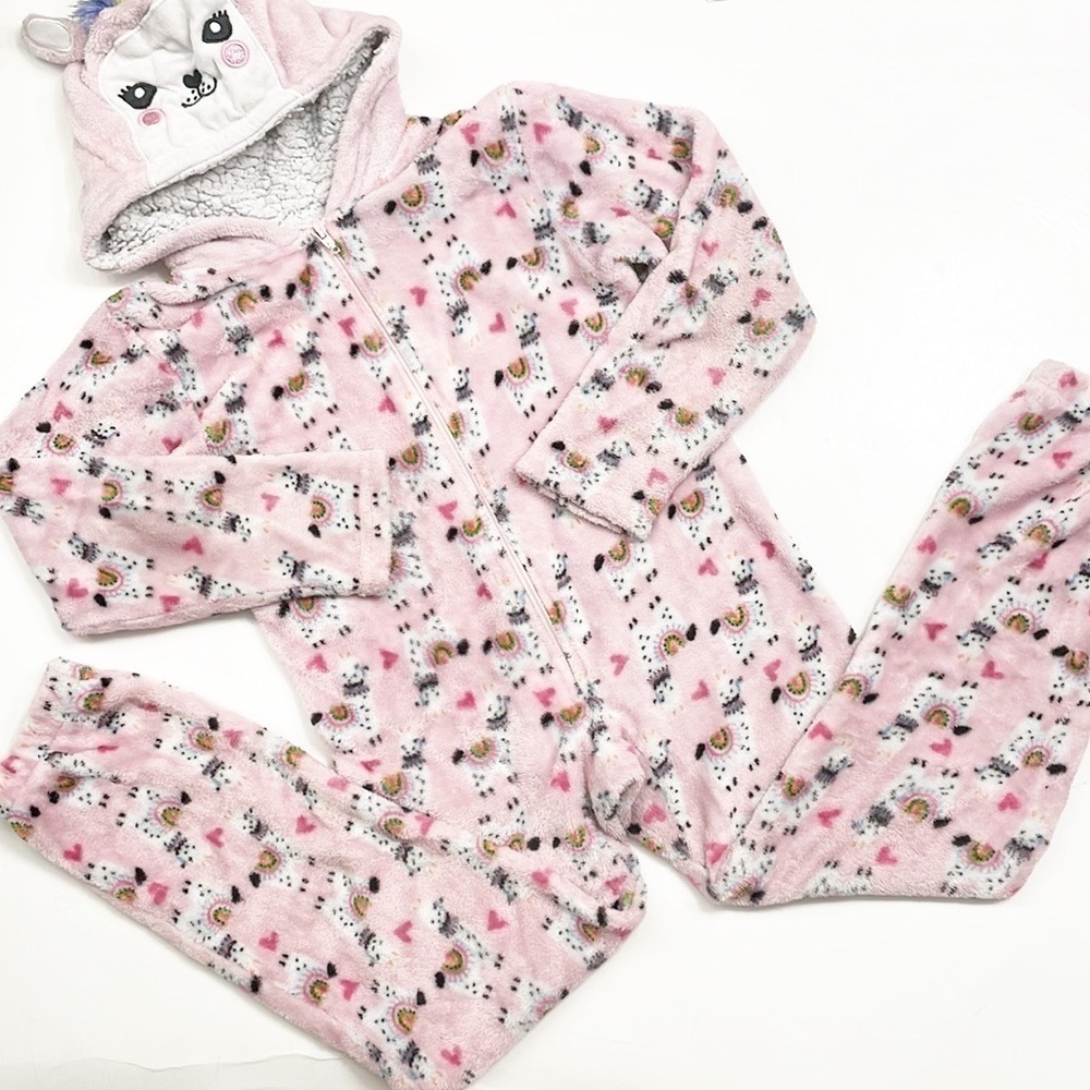 Modern Kids llama print zip up fleece pajama sleeper with hood